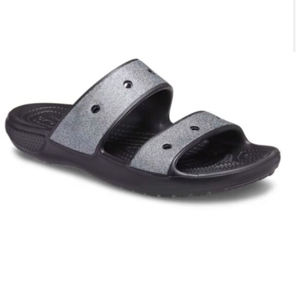 CROCS Classic Glitter 2 Strap Slide Sandal Womens Sz 10 Slip On Black / Silver! - Picture 2 of 12